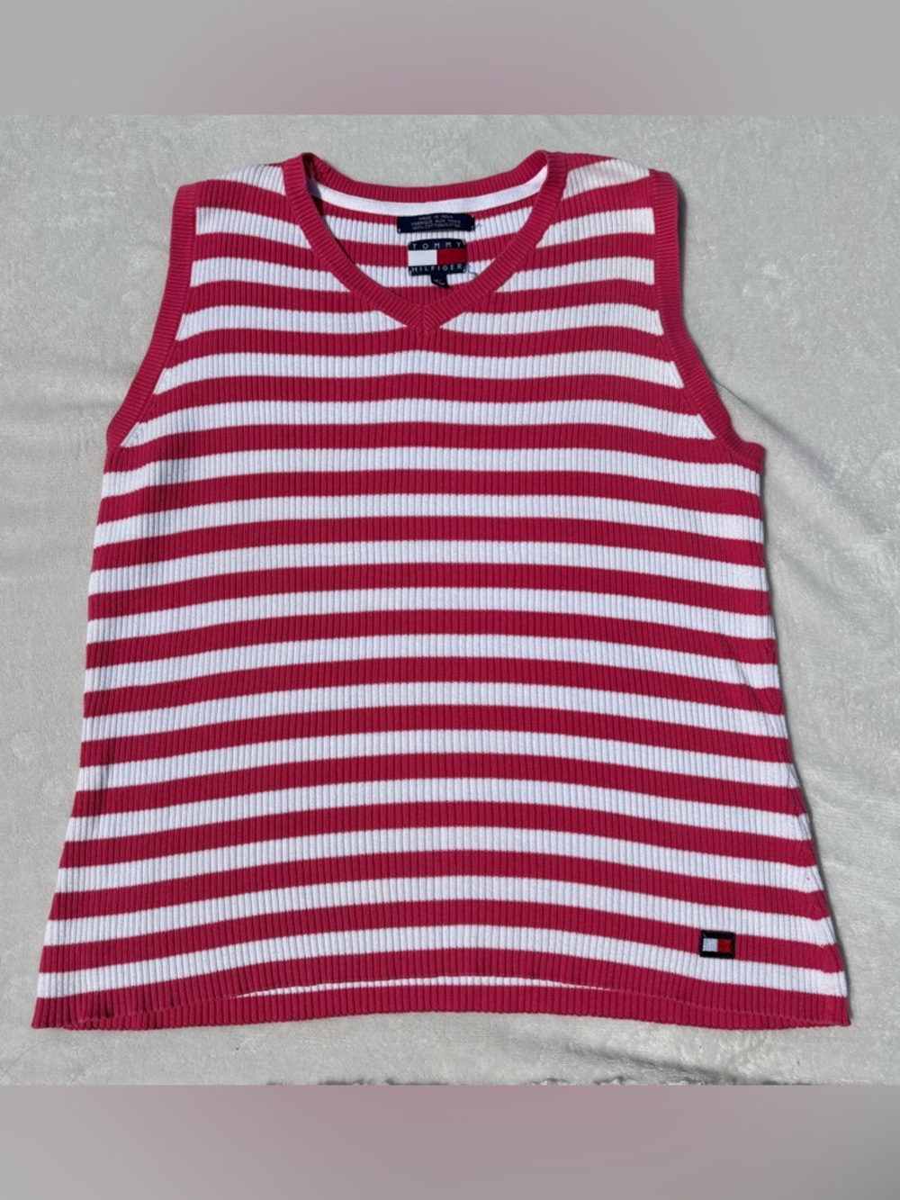 Tommy Hilfiger Pink and White Striped Ribbed Knit Tank